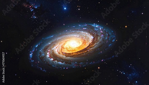 Spiral Galaxy Shines in Dark Space with Swirling Arms Containing Dust and Gas with Stars and Glowing Center a Celestial Wonder