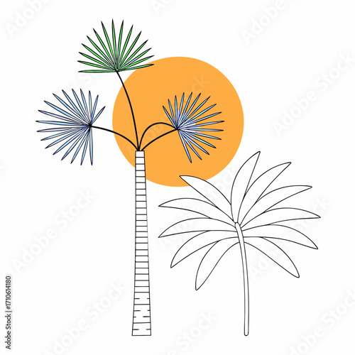 Vector art of abstract illustration of a palm tree with sun