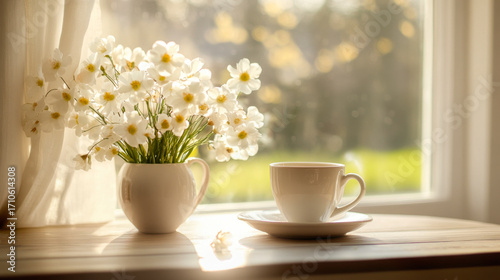 Wallpaper Mural Flowers in a vase and a cup of tea on a wooden table near a sunny window in the morning Torontodigital.ca