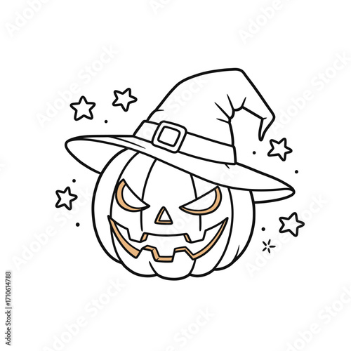 Witch hat on a grinning pumpkin for a festive and charming Halloween party decoration