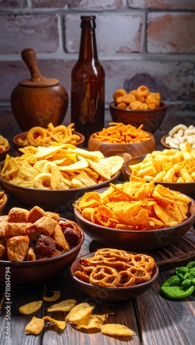 Assorted snack foods, including chips, pretzels, and other savory bites, are displayed in rustic bowls, creating a tempting array.