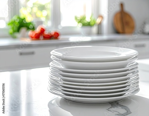 Stack of White Plates on Marble Countertop with Kitchen Background in Bright Daylight