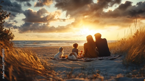 Children and parents enjoying beach picnic high resolution picture