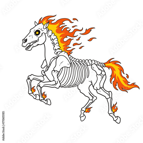 Fiery skeleton horse galloping with blazing mane for an epic Halloween fantasy illustration