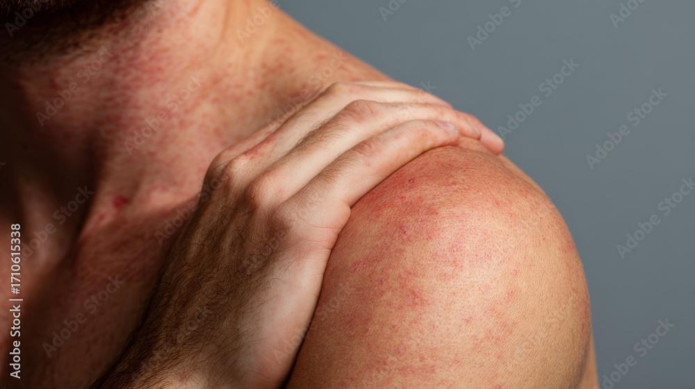 Naklejka premium Male adult with skin rash on shoulder and hand close-up detail