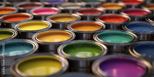 A row of colorful paint cans are lined up, each with a different color