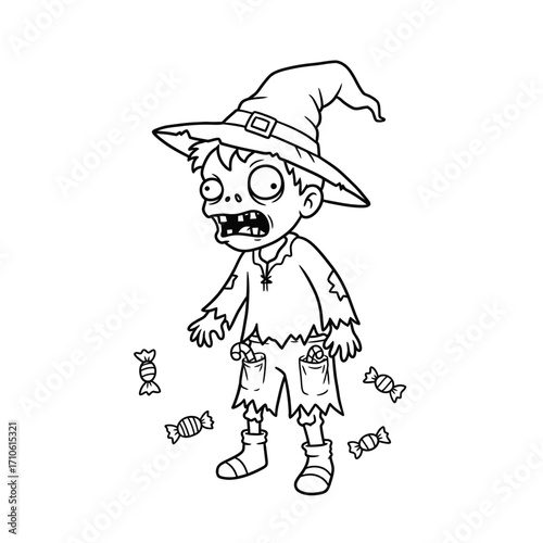 Cute zombie scarecrow kid in ragged clothes Halloween coloring illustration for spooky festival decoration ideas