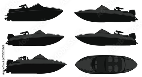 Detailed silhouettes of speedboats shown from various angles and perspectives