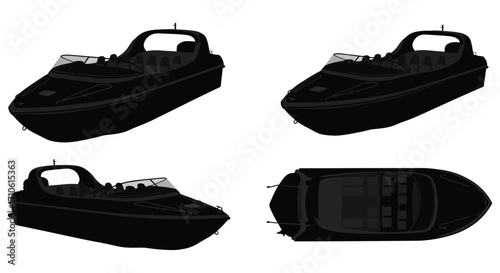 Black silhouette illustrations of speedboats shown from multiple perspectives