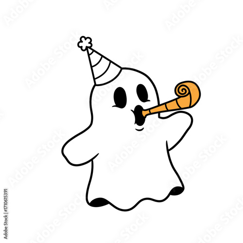 Cute Ghost Blowing Party Horn Halloween Festive Character Design