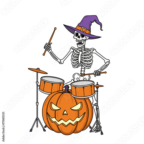 Skeleton Drummer Playing Halloween Music Party Fun Illustration