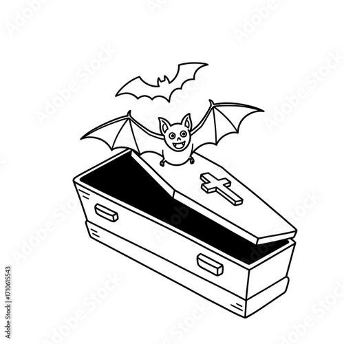 Vampire Bat Sitting on Coffin Halloween Scary Graveyard Scene