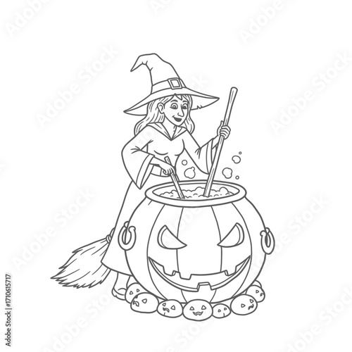 Little Witch Sitting Inside Jack O Lantern Pumpkin Illustration