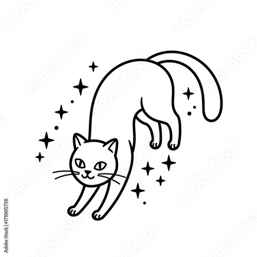 Magical Black Cat Floating Surrounded by Stars Halloween Design