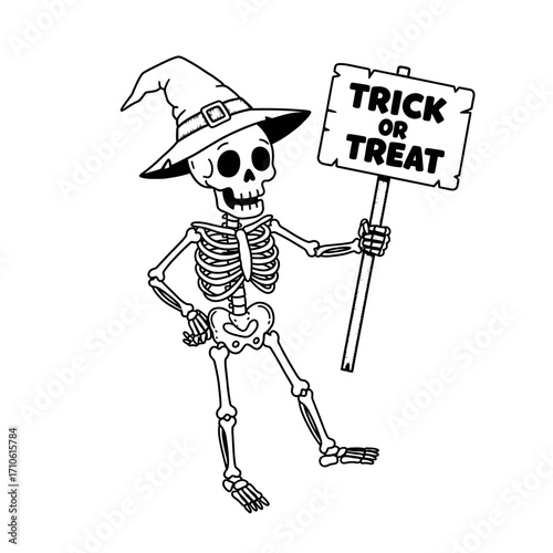 Skeleton Celebrating Halloween Holding Trick or Treat Sign