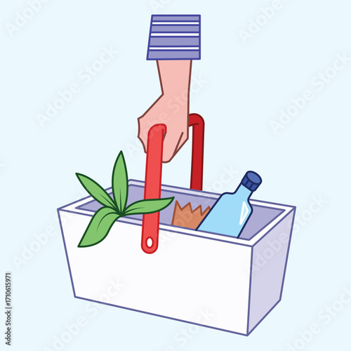 Hand holding white and red shopping basket with vegetable and water bottle illustration. Cartoon art styled drawing isolated on square background.