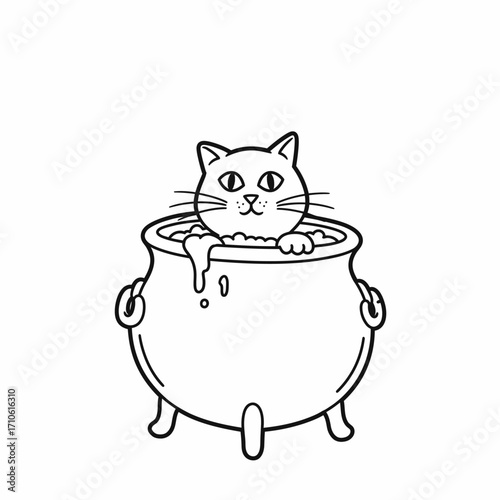 Funny Cat Peeking Out of Magic Cauldron for Halloween Witch Theme