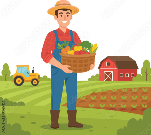 A farmer holding a basket of fresh vegetables standing in a field with a barn and tractor in the background