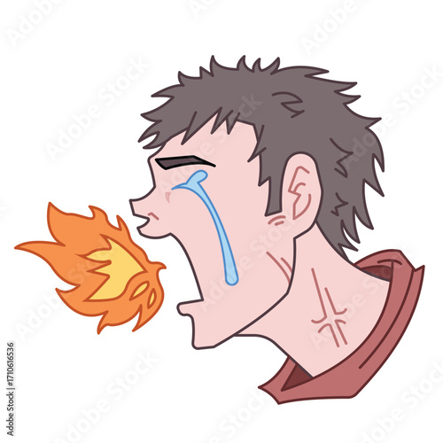 Emotional man angry crying and shouting with fire coming out from mouth illustration. Cartoon art styled drawing isolated on square background.