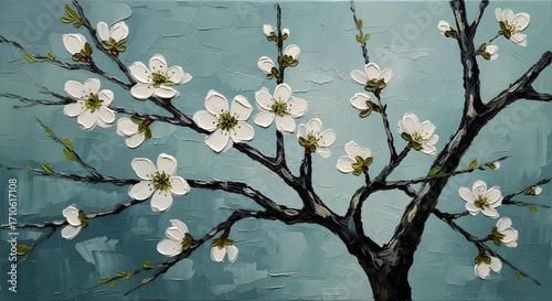 Textured painting of white cherry blossoms on a dark branch against a teal background, evoking a serene spring atmosphere.