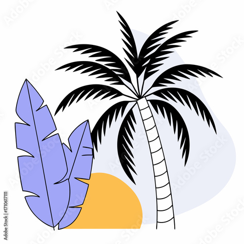 Vector art of stylized palm tree and tropical leaves with yellow circle