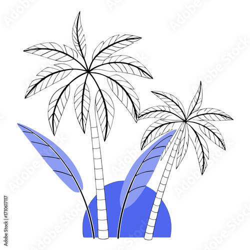 Vector art of two stylized palm trees and tropical leaves
