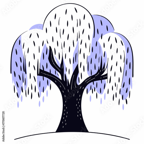 Vector art of stylized weeping willow tree with blue and white foliage