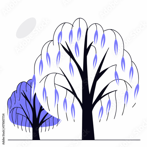 Vector art of two stylized weeping willow trees with blue foliage and abstract shapes