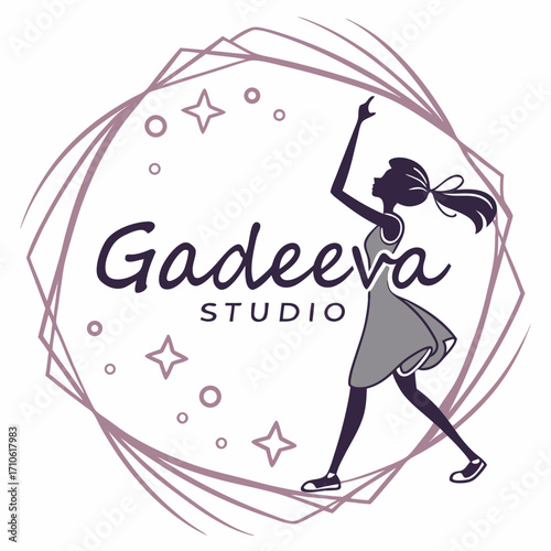 Vector art of logo for a dance studio with a stylized girl and geometric frame