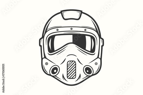 A monochrome drawing depicts a full futuristic helmet with detailed contour lines