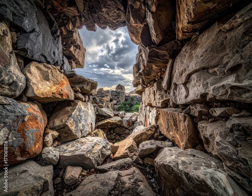 Stone Wall Aperture Overlooking Distant Building Under Cloudy Sky
