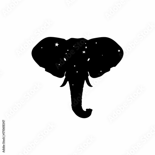 Vector art of black silhouette of an elephant head with stars