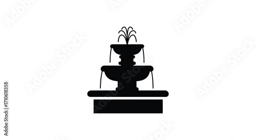 Simple black silhouette of a tiered fountain with decorative water feature