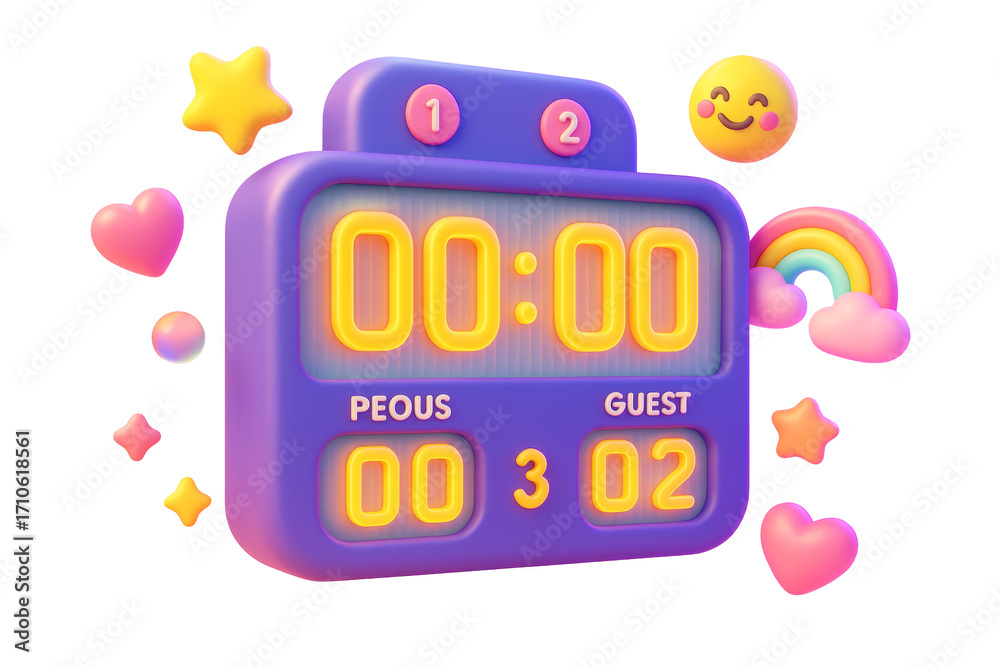 Fototapeta premium Vibrant scoreboard with glowing numbers, stars, hearts, rainbow and emoji elements in playful style on white background. Concept of sport. Ai generative
