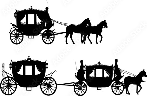 Three different horse drawn hearse carriage vector silhouette
