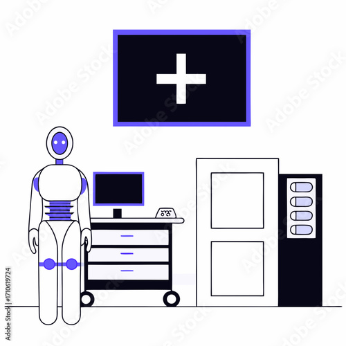 Vector art of robot, computer, and medical equipment in a room