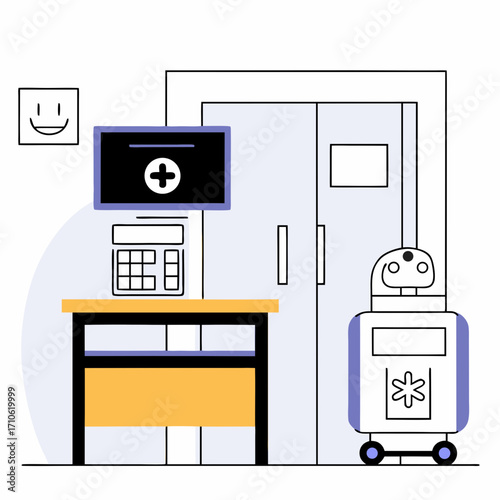 Vector art of medical robot and equipment in hospital room with smiling face