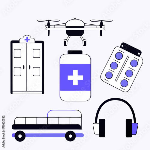 Vector art of healthcare icons drone, medicine cabinet, pills, ambulance, headphones
