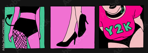 Vector illustration uses bold lines and flat Y2K pop art style, featuring pink, black, green, and nude tones. The edgy, playful theme highlights fashion, femininity, and attitude.