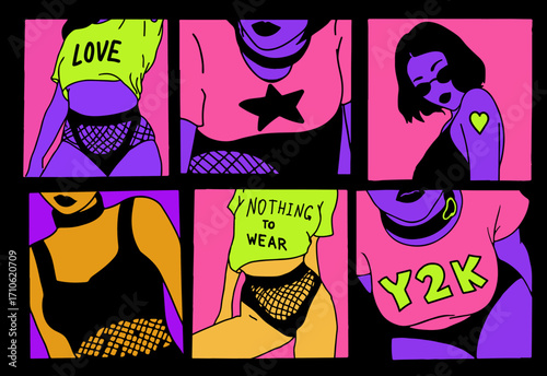 Vector illustration in pop art and grunge style. Bright neon green, purple, pink, and orange colors, bold lines, fishnet, hearts, bold text, and dynamic female poses create a rebellious theme.

