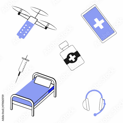 Vector art of medical icons including drone, bed, syringe, tablet, and medicine bottle