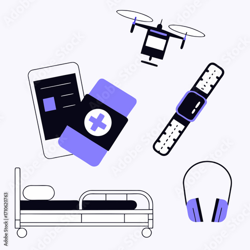 Vector art of digital health icons including drone, bed, smartwatch, and phone