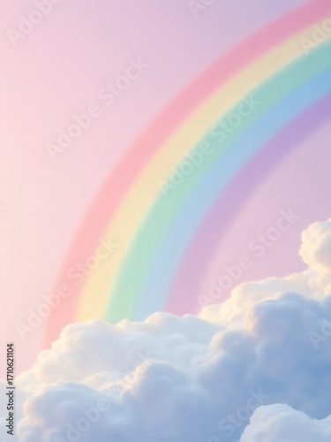 pastel rainbow over fluffy clouds with soft pink sky in dreamy atmosphere