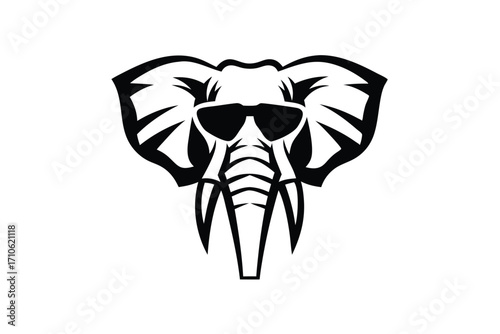 A stylized monochrome elephant portrait wears sunglasses looking directly at the viewer