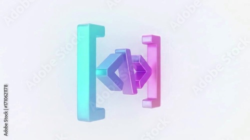 This vibrant 3D render showcases an HTML tag, represented by colorful, stylized brackets and 3d animation video angle brackets.