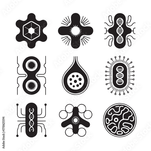 Collection of nine stylized black and white scientific icons representing various microorganisms and cellular structures with a hand drawn aesthetic