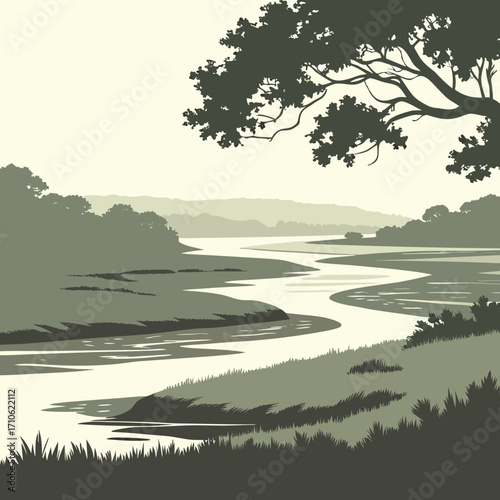 Serene landscape featuring a winding river flowing through lush green hills and trees under a clear sky