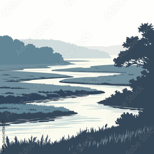 Serene winding river flows through a tranquil landscape with distant hills and silhouetted trees