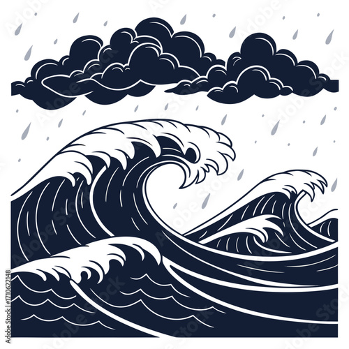 Dramatic dark storm clouds gather above powerful crashing ocean waves during a heavy rain shower