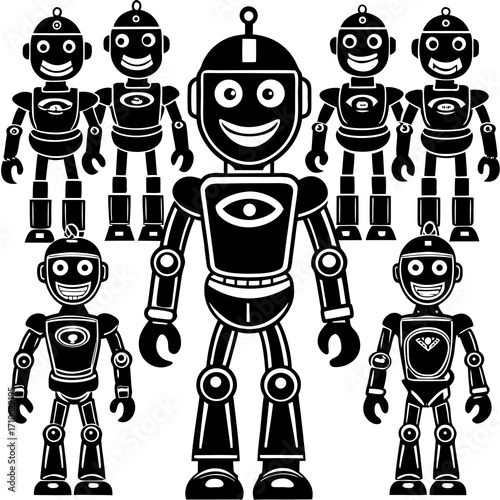 Vector art of group of retro robots standing together